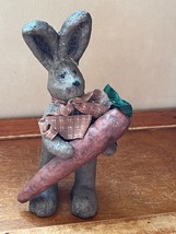 Faux Paper Mache Hollow Resin Brown Easter Bunny Rabbit Holding Carrot w... - $9.49