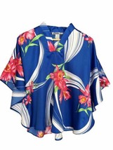 Vintage Hilo Hatties Poncho Top One Size Hawaiian Floral Blue Pink Hibiscus - £48.21 GBP