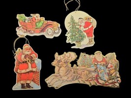 4 Vintage Merrimack Christmas Holiday Ornaments Die Cut Cardboard Santa Claus - £14.80 GBP