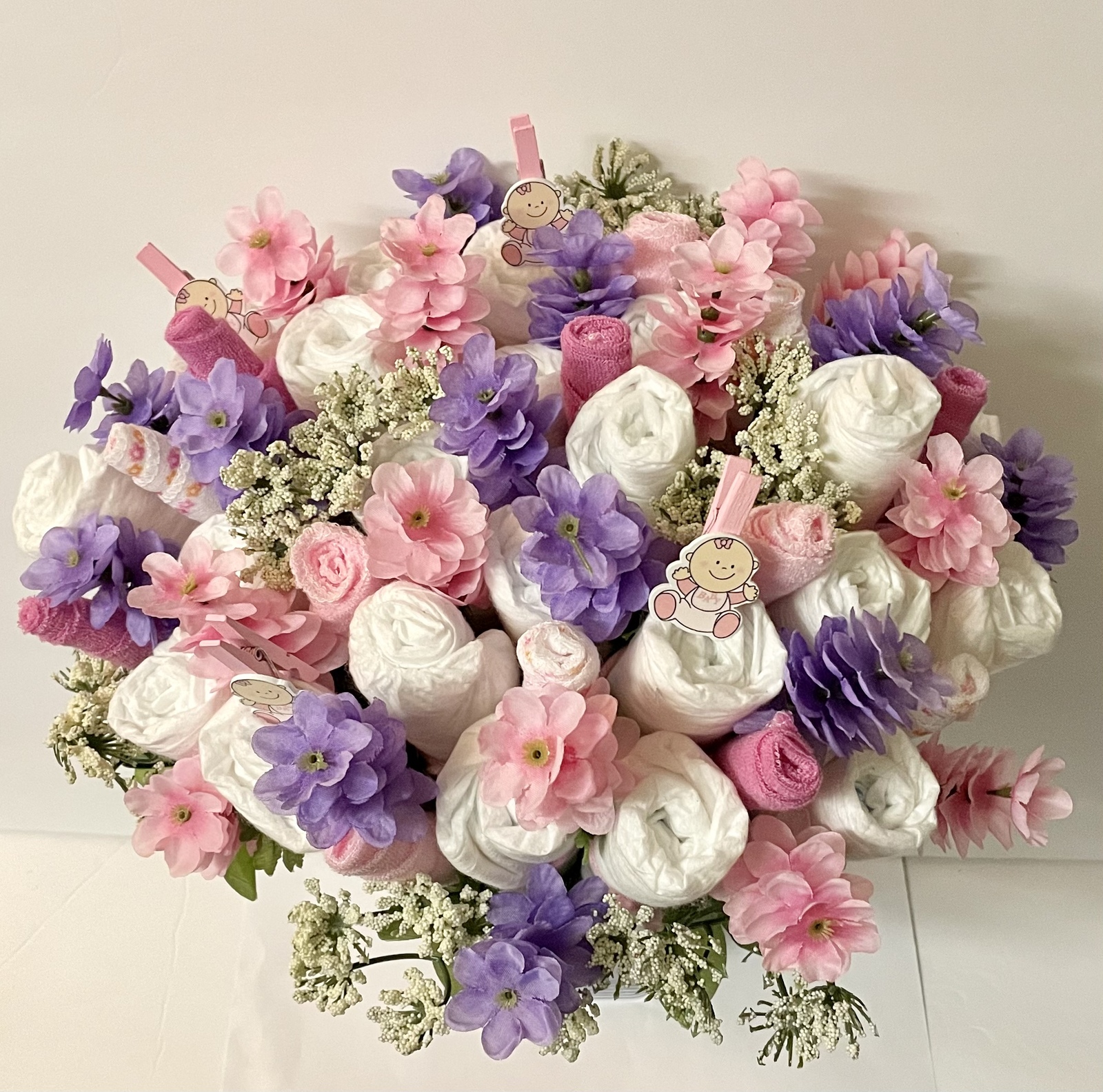 Diaper Floral Bouquet Pink and Purple Baby Girl Shower Centerpiece New Mom Gift