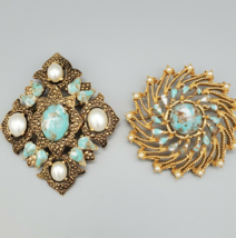 lot 2 Sarah Coventry &quot;Remembrance&quot; &quot;Azure Skies&quot; Faux Turquoise Pearl Brooch Pin - £39.45 GBP