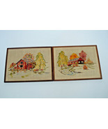 vintage finished crewel embroidery  framed pictures covered bridge and w... - £26.46 GBP
