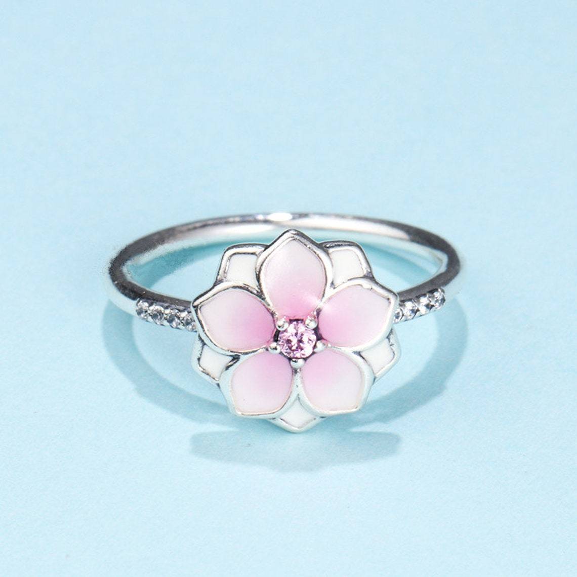 925 Sterling Silver Magnolia Bloom, Pale Cerise Enamel & Pink CZ For Women