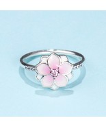 925 Sterling Silver Magnolia Bloom, Pale Cerise Enamel & Pink CZ For Women  - £14.50 GBP