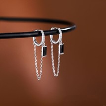 Black Baguette CZ Geometry Chain Tassel 925 Sterling Silver Dangle Hoop Earrings - £38.95 GBP