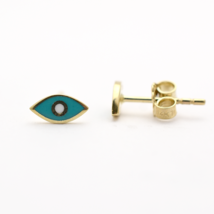 14 k yellow gold turquoise color enamel evil eye earrings turquoise blue enamel - £92.47 GBP