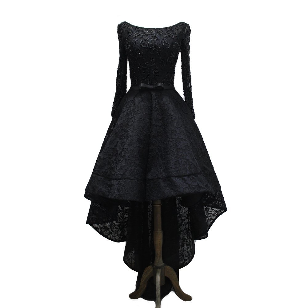Kivary? Vintage Long Sleeves Sash High Low Black Lace Beaded Prom Evening Dresse