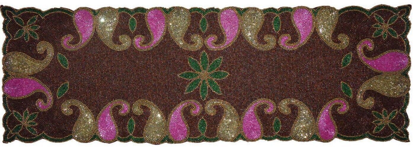Beaded Table Runner Center piece paisleys design 36&quot; x 12&quot; brown glass b... - £52.86 GBP