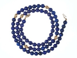 Retro Chinese 14k gold 26&quot; long Lapis Lazuli beaded necklace - $193.05