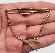 Vintage Swank Gold Tone Wishbone Tie Bar Clip w/ Chain 2 5/8&quot; Long  - £9.79 GBP