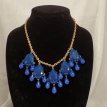 VTG Bib Statement  Necklace Blue Gold Tone Faceted Cabochon 21 Inch Long - £11.93 GBP