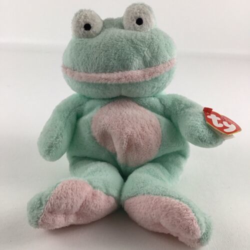 Ty Pluffies Grins Frog 10" Plush Bean Bag Stuffed Animal Toy Vintage 2002 w TAGS - $24.70
