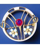 Elegant Vintage Ruby Brooch Solid 10k Gold Guiloche Enamel Deco Geometri... - $470.25