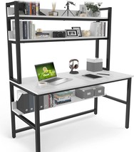 Aquzee Computer Desk With Hutch And Bookshelf, 55 Inches White, Easy Assemble - £207.08 GBP