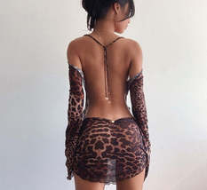 Leopard Print Backless Dress Women Long Sleeve Mesh Dress - £15.69 GBP