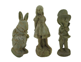3 Pc. Adventures in Wonderland Alice White Rabbit &amp; Mad Hatter Cement Statue Set - £155.74 GBP