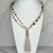 Chico&#39;s Tassel Pendant on Double Strand Beaded Gold Tone Necklace - £13.21 GBP