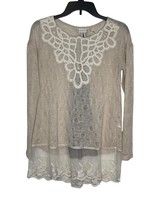 Altar&#39;d State Women&#39;s Top Sheer Lace Bows Long Sleeve Crochet Sweater Tan Small - £15.52 GBP
