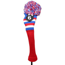 Majek Golf Red White Blue #6 Hybrid Pom Pom Knit Rescue Utility Club Head Cover - £13.86 GBP