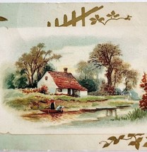C1890s Victorian Trade Card Beautiful Cabin Landscape Canoe Ephemera E83A - $27.56 CAD