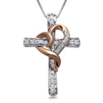 Real Moissanite 14K Two-Tone Gold Plated Cross with Heart Pendant Necklace - £295.27 GBP