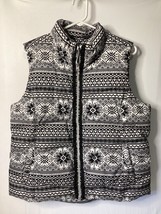 Land’s End Women’s Full Zip Puffer Vest Black White Geometric Design Lar... - $25.84 CAD