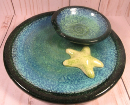 Studio Art Pottery Shrimp &amp; Dip Handmade Heavy Blue Yellow Starfish 7&quot; Round. - £14.24 GBP