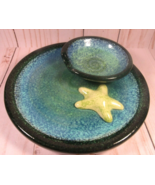 Studio Art Pottery Shrimp &amp; Dip Handmade Heavy Blue Yellow Starfish 7&quot; R... - £14.03 GBP