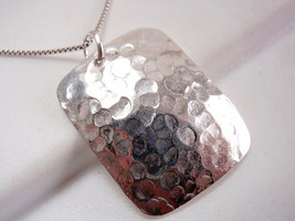 Convex Hammered Rectangle w/ Soft Corners Solid 925 Sterling Silver Necklace New - $19.79