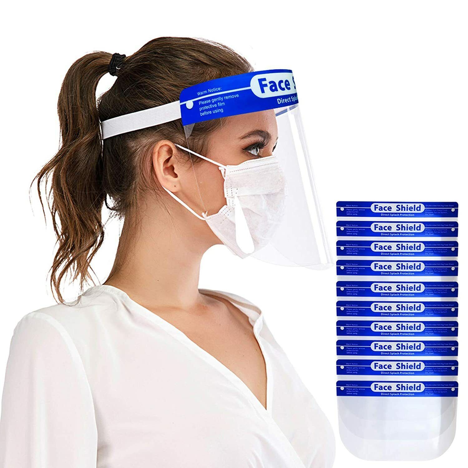 10 Pack of Reusable Clear Full Face Shields Anti Splash/ Sponge Pad Elastic band
