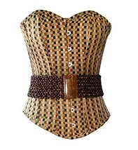 Cotton Brocade Wood Beads Goth Burlesque Costume Overbust Corset Waist Training  - £51.50 GBP