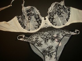 Victoria&#39;s Secret unlined 34C BRA SET panty BLACK white lace crystallized DESIRE - £78.20 GBP