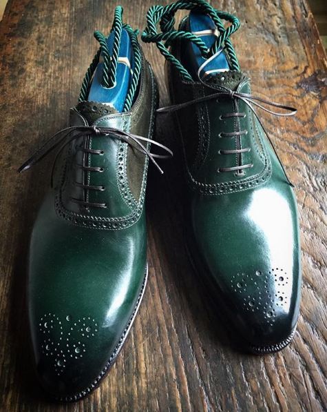 New Green Oxford Shoes Men's Genuine Leather Medallion Toe Laceup Handcrafted
