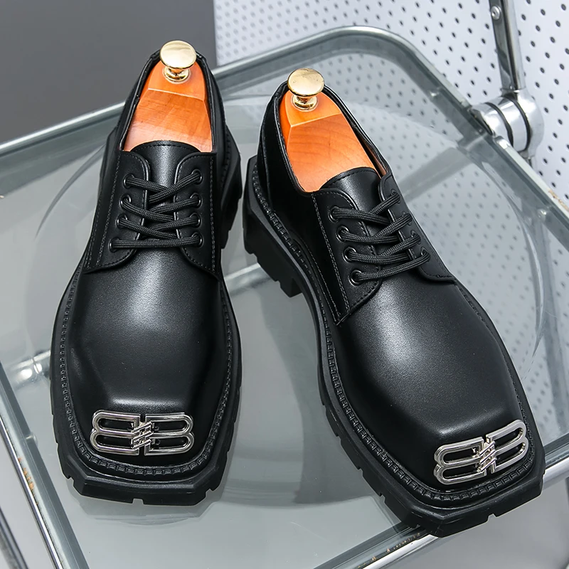 New black loafers platform men shoes round toe solid lace up size 38 45 free shipping thumb200