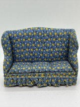 Dollhouse Miniature Upholstered High Back Sofa Couch Blue Yellow flowers 5”Wx4”H - £10.99 GBP