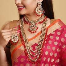 Gold Plated Indian Bollywood Style Choker Necklace Earrings Long Red Jewelry Set - $47.49