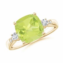 ANGARA 2.97 Ct Cushion Peridot Solitaire Ring with Diamond Accents in 14K Gold - £801.23 GBP