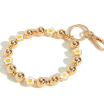 White Enamel Flower and Gold Tone Metal Beaded Bangle Key Ring Keychain - £11.17 GBP