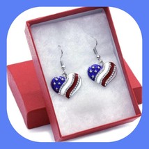 Brand New Beautiful Patriotic Heart Sparkle Rhinestone Earrings - £6.31 GBP