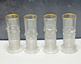4 Footed Venetian Glass Clear Tumbler Flute Applied Thread Gold Starburs... - $59.40