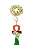 Ankh Cross &amp; Nugget Africa Map Pendant 24&quot; Box,Rope,Cuban Chain Necklace XSP828 - £12.43 GBP