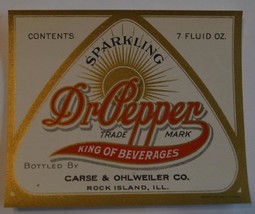 Dr Pepper Bottled by CARSE &amp; OHLWEILER CO Rock Island ILL Label . inv,10 - $5.00