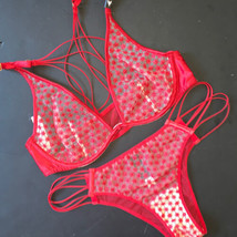 Victoria&#39;s Secret Unlined 36B Bra Set Strappy Panty Red Beige Starburst Embroid - £62.05 GBP