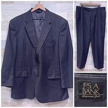 Jos A Bank Flannel Wool Striped Suit Black 2 Button Mens 44R 38x29 Pleated Pants - £111.05 GBP