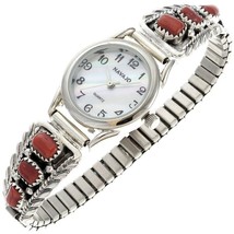 Navajo Red Coral Nuggets Watch Sterling Silver Bracelet s6.25-7.5 - £200.58 GBP