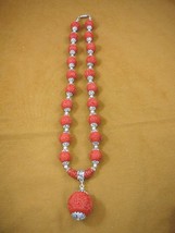 (v498) Red Cinnabar carved wood ball circle + silver Bead 22&quot; Necklace JEWELRY - £66.49 GBP