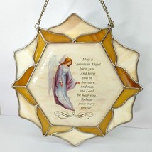 Vintage Stained Glass Guardian Angel 8&quot; Sun Catcher Cream Tan Spiritual ... - £15.25 GBP