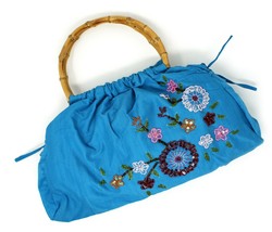 Vintage Turquoise Blue Beaded, Sequin Cotton Purse w Bamboo Handles - He... - $22.00