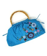 Vintage Turquoise Blue Beaded, Sequin Cotton Purse w Bamboo Handles - He... - £17.29 GBP