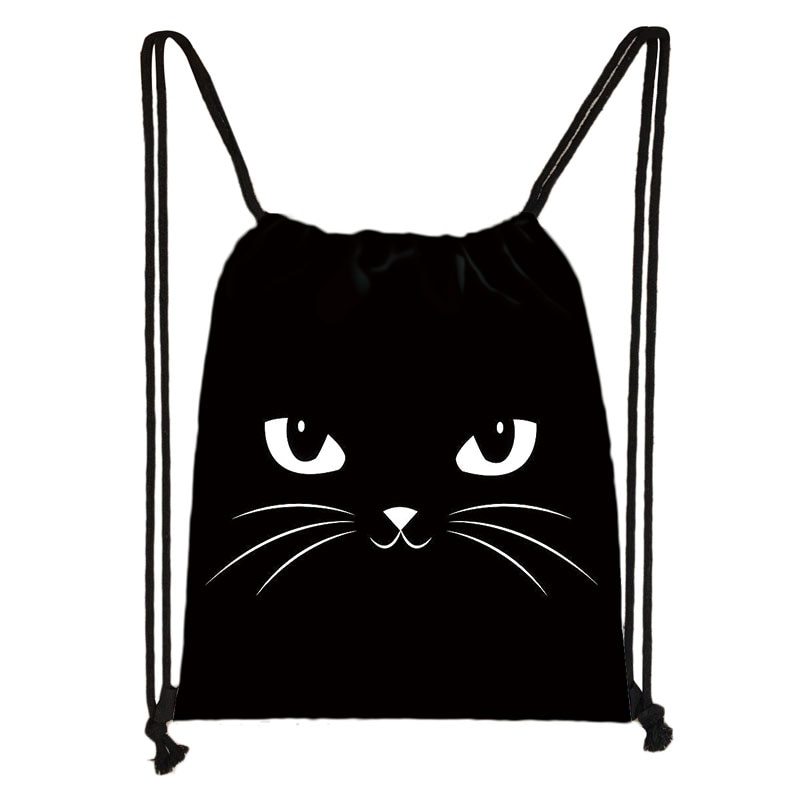 Cute  Black Cat Drawstring Bag Women Shopping Bags Canvas Travel Bag Fashion Sto - £13.58 GBP